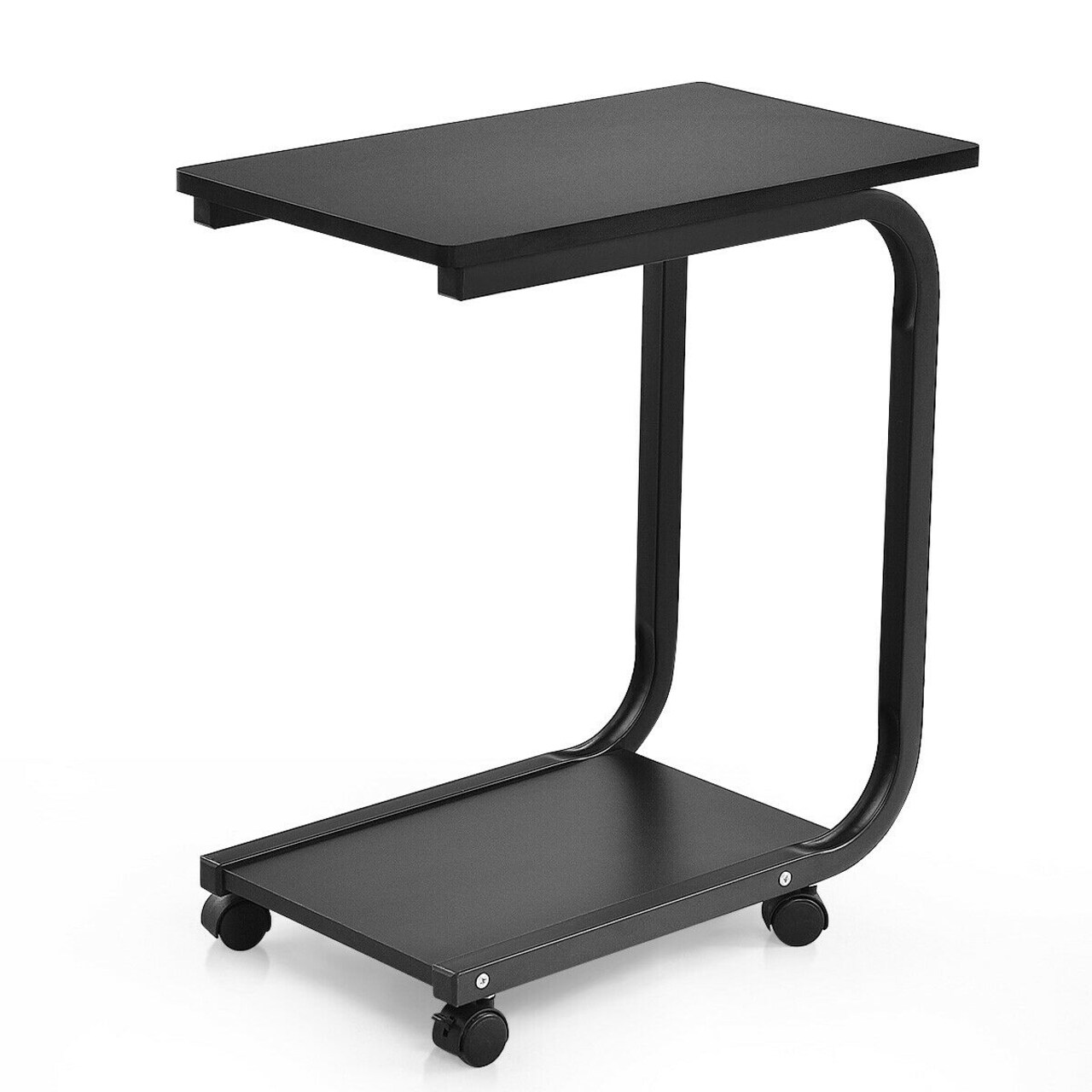 2-Tier Black Side Table with Wheels Rolling Bedside Nightstand with Shelves for Small Spaces